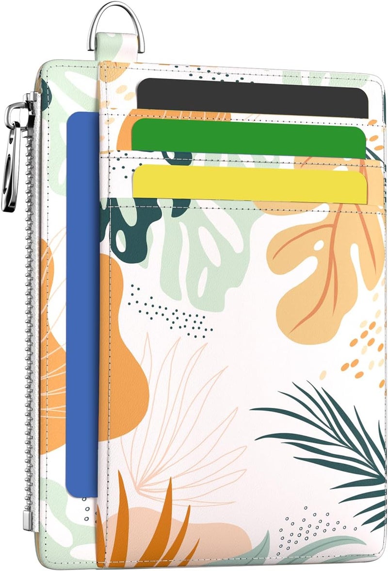 Hancynir Slim Wallet Women Credit Card Holder Abstract Boho Leaves RFID Blocking Small Mini Card Wallets Cute Front Pocket PU Leather Card Case Thin Travel Zipper Coin Cash Ladies Female Wallet Gifts - Image 1